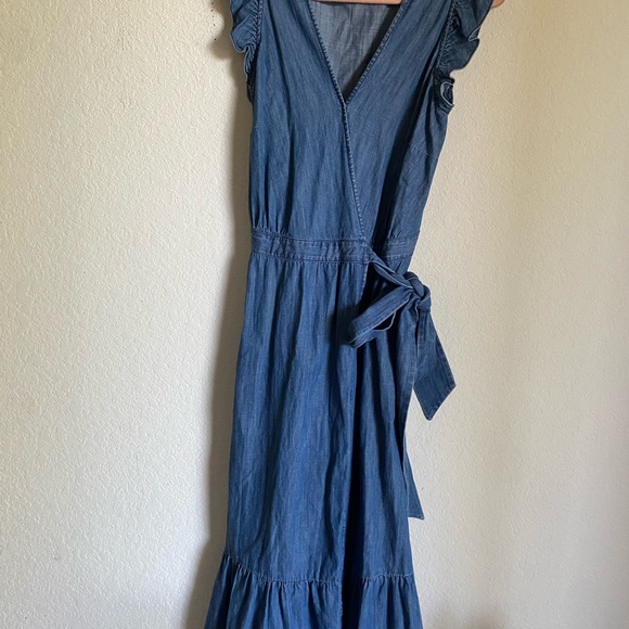 J.Crew Grand Lily Drapey Chambray Denim Blue Wrap Ruffle Hem Midi Dress 4 - Picture 4 of 16